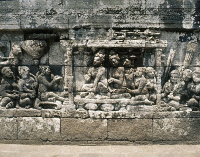 The reliefs on the terraces of Borobudur depict scenes from the life of the Buddha