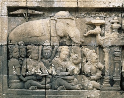 The reliefs on the terraces of Borobudur depict scenes from the life of the Buddha