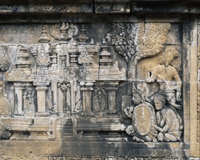 The reliefs on the terraces of Borobudur depict scenes from the life of Buddha