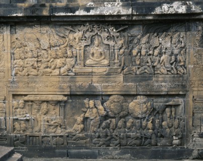 The reliefs on the terraces of Borobudur depict scenes from the life of the Buddha