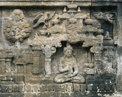 The reliefs on the terraces of Borobudur depict scenes from the life of the Buddha