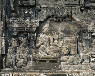 The reliefs on the terraces of Borobudur depict scenes from the life of the Buddha