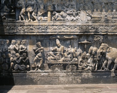 The reliefs on the terraces of Borobudur depict scenes from the life of the Buddha