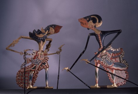 A pair of wayang kulit shadow puppet used in popular all night performances, usually based on ancient Hindu epics such as the Ramayana