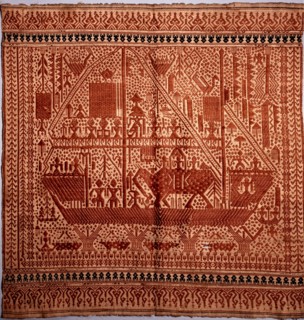 Large boats carrying people, animals, banners, and shrines, were common on a range of complex supplementary weft textiles from Lampong