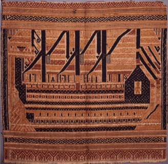 Large boats carrying people, animals, banners, and shrines, were common on a range of complex supplementary weft textiles from Lampong