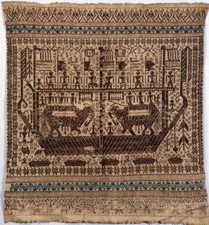 Large boats carrying people, animals, banners, and shrines, were common on a range of complex supplementary weft textiles from Lampong