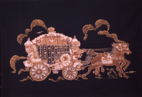 A batik cloth with a design of a European horse drawn carriage
