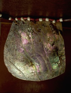 Maidu abalone shell pendant and trade bead necklace on native vegetal fibre