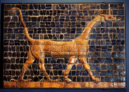 A polychrome glazed brick from the gates of Ishtar at Babylon which were constructed during the time of Nebuchadnezzar II