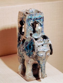 Incense burner with blue iridescent glaze in the form of an elephant