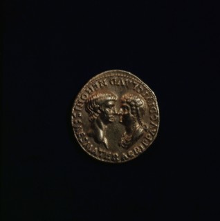 A coin minted in Rome showing busts of Nero and Agrippina facing