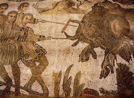 Detail of a mosaic pavement showing the loading of wild African animals to a ship