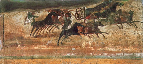 Painting of a chariot race  in  the amphitheatre of Pompeii