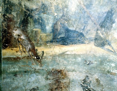 Detail of a fresco showing a deer drinking