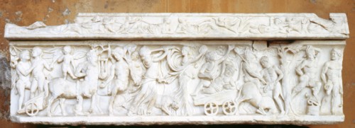Sarcophagus lavishly decorated with depiction of Dionysiac Procession