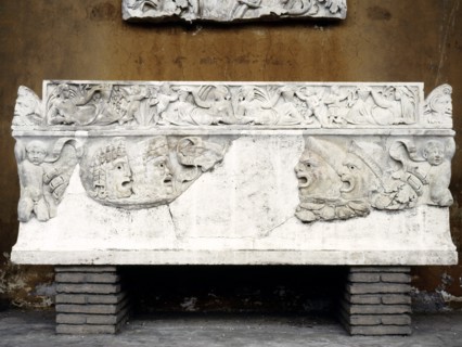 Detail from a sarcophagus of an actor, depicting tragic masks