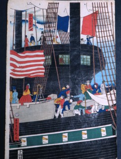 A print by Sadahide from a series published in 1860, showing foreign vessels off Yokohama