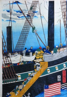 A print by Sadahide from a series published in 1860, showing foreign vessels off Yokohama
