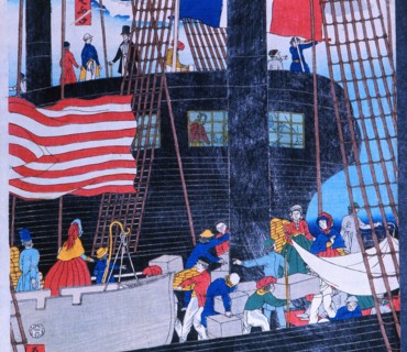 Detail of a print by Sadahide from a series published in 1860, showing foreign vessels off Yokohama