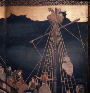 Detail of a screen depicting Portuguese carracks at Nagasaki