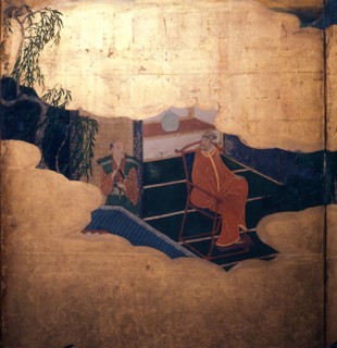 Detail of a screen depicting Jesuit priests and Portuguese merchants