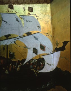 Detail from a folding screen depicting Portuguese merchants in Japan