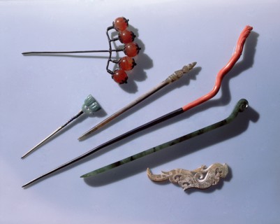 Coral and jade hairpins