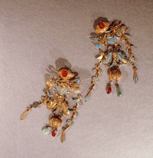 Pair of earrings made from gold, enamel and semi precious stones