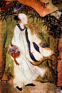 A Taoist Immortal playing a flute in the Tao paradise