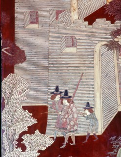 Detail of a lacquer screen which depicts the exploits of the Portuguese in China