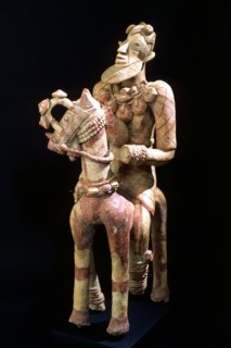 A terracotta horse mounted figure excavated from a tumulus in the Djenne/Mopti area