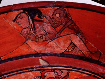 The rim of a dish  showing spider monkeys,  symbols  of  sexual excitement, fondling women