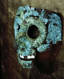 Turquoise and shell encrusted mask of Quetzalcoatl, the Feathered Serpent