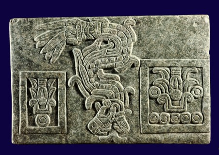 Relief showing the Feathered Serpent, major symbol of Quetzalcoatl, descending between two symbols of years