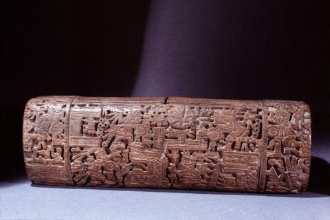 Intricately carved teponaztli or two toned drum
