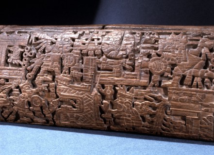 Detail of the intricate carving on a teponaztli or two toned drum