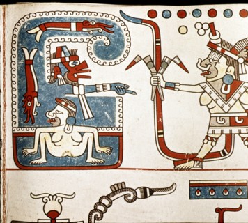 Detail from a panel of the Codex Laud, a divinatory almanac, part of which depicts the four stages of a womans life as shown by the witch goddess
