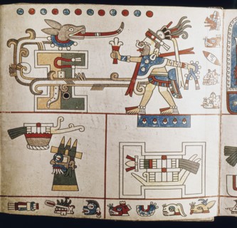 Detail from a panel of the Codex Laud, a divinatory almanac part of which depicts the four stages of a womans life as shown by the witch goddess