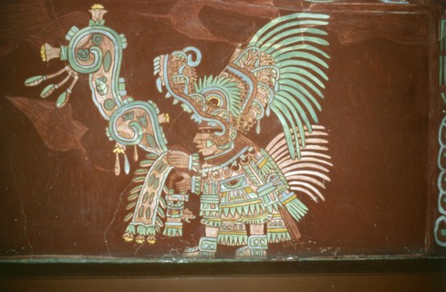 Reconstruction of a polychrome mural (mural 2, in room 2) from Tepantitla depicting an elaborately garbed priest wearing a crocodile headdress