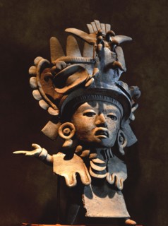 Pottery figurine with elaborate ceremonial headdress