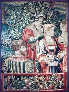 Fragment of a larger tapestry depicting a group of men and women with an oak tree