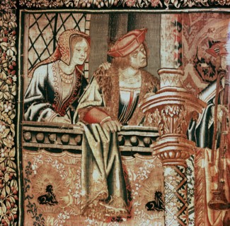Detail from the tapestry The Wedding of Beatrice from the series The Story of the Swan Knight, the French version of Lohengrin