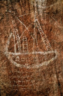 Rock painting of a three mast ship from the Walga Rock cave