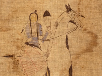 A cloth painting depicting a parade, a Sun Dance ceremony and scenes from daily life
