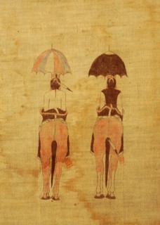 A cloth painting depicting a parade, a Sun Dance ceremony and scenes from daily life