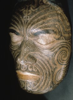 Life mask taken in 1854 for Sir George Grey of Chief Tapua Te Whanoa of the Ngati Whakaue hapu of the Rotorua region, showing the full facial moko design produced with a small bone adze dipped in liqu...