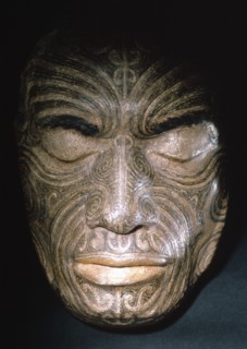 Life mask taken in 1854 for Sir George Grey of Chief Tapua Te Whanoa of the Ngati Whakaue hapu of the Rotorua region, showing the full facial moko design produced with a small bone adze dipped in liqu...