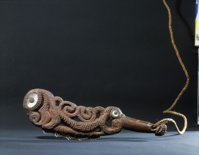 A maripi tuatini, shark tooth knife, which was collected on Captain Cooks first voyage in 1769, at Queen Charlotte Sound