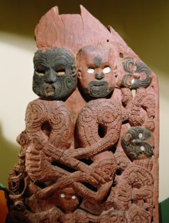 Carving from the front of a storehouse depicting the Maori gods, Rangi the sky father and Papa the earth mother, as a copulating couple